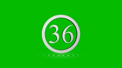 Isolated number thirty-six inside a silver circle with reflections on a green background