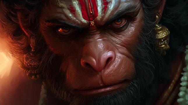 Lord Hanuman intense gaze epic close up mythological hero