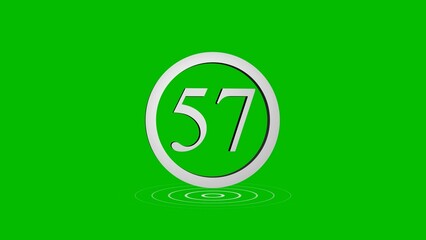 Number fifty seven inside a silver circle with ripples on bright green background