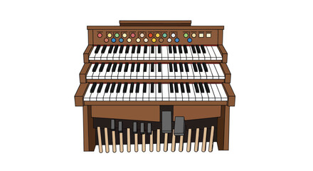 Brown Three-Manual Organ with Pedals and Drawknobs.
