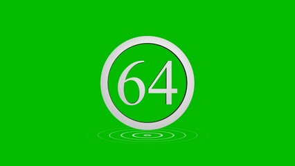 Silver number sixty four inside a circle on a green background with water ripple
