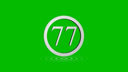 Number seventy seven encased in a silver circle with water ripples on a bright green background