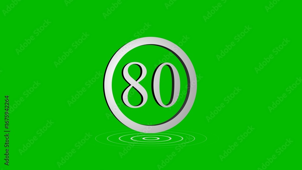Poster stylish silver number eighty inside a circle with green background and ripples