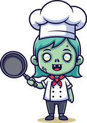 Zombie chef character vector, cartoon undead cook with frying pan, horror kitchen illustration, cad drawing flat vector illustration