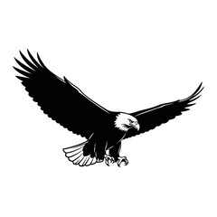 Majestic bald eagle soaring powerfully with outstretched wings, a symbol of freedom, strength and American pride, perfect for patriotic designs