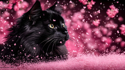 Elegant black cat portrait amidst falling pink cherry blossoms creating a serene spring mood, perfect for seasonal promotions or heartfelt greetings