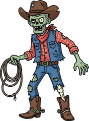 Zombie cowboy character vector, cartoon undead western rider with lasso and torn jeans, horror wild west illustration, cad drawing flat vector illustration