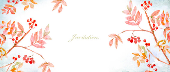 watercolor invite card with frame of autumn branch of a rowan tree with berries