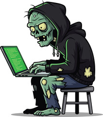 Zombie hacker character vector, cartoon undead programmer with laptop and hoodie, horror tech illustration, cad drawing flat vector illustration
