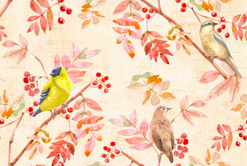 watercolor seamless texture with autumn branch of a rowan tree with berries and pretty birds