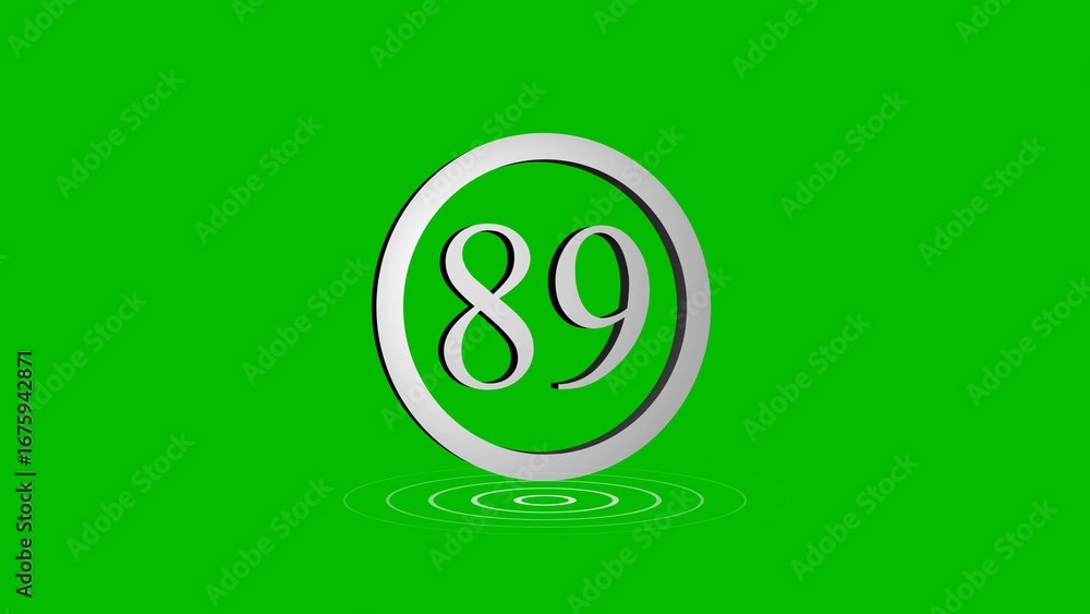 Poster digit eighty nine in white circular frame with concentric ripple effect on vibrant green background