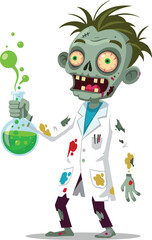 Zombie scientist character vector, cartoon undead lab researcher with bubbling flask, horror science illustration, cad drawing flat vector illustration