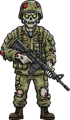 Fototapeta premium Zombie soldier character vector, cartoon undead military fighter with rifle, horror war illustration, cad drawing flat vector illustration