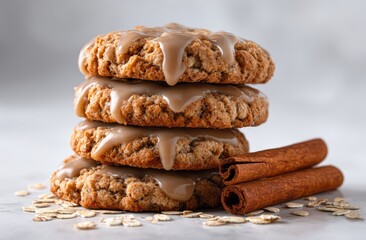 Stacked oatmeal cookies with caramel glaze, surrounded by cinnamon sticks and oats