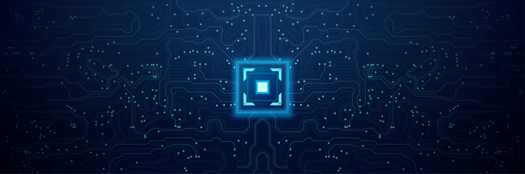 Futuristic CPU and Microchip Circuit Board with Glowing Data Connections, Artificial Intelligence and Digital Technology Background for High Tech Innovation. Vector Illustration