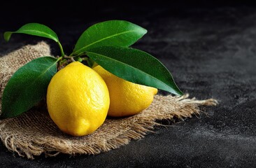 Two bright yellow lemons rest on a burlap cloth, with fresh green leaves