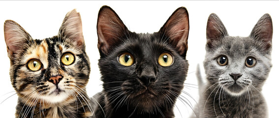 Closeup portrait of three different cats isolated on a white background a black and brown calico Bengal cat with yellow eyes a black shorthaired tabby cat and