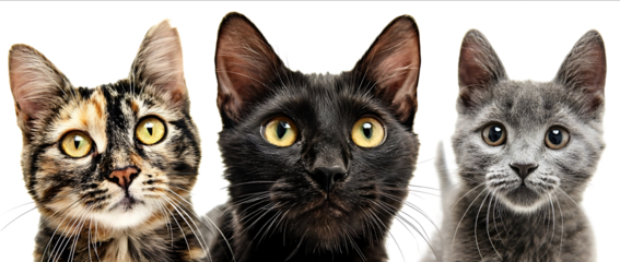 Closeup portrait of three different cats isolated on a white background a black and brown calico Bengal cat with yellow eyes a black shorthaired tabby cat and