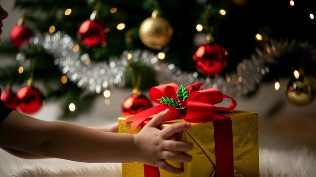Child's hands reaching for a golden christmas gift box under a decorated tree, receiving a holiday present footage