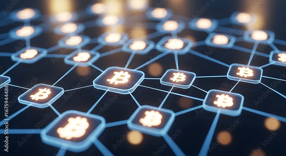 Aufkleber a digital network of interconnected bitcoin symbols, illustrating cryptocurrency and blockchain tech