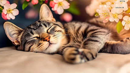 Content tabby cat blissfully sleeping with cherry blossoms in spring sunshine creating relaxing springtime mood and cozy feeling of contentment