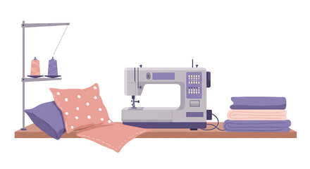 Sewing machine with thread spools, pillows, and fabric on a shelf, creating a cozy crafting corner