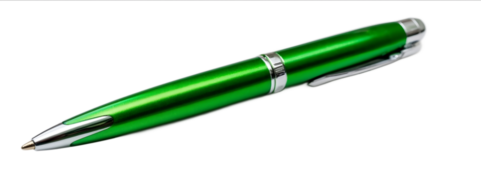 Photo of a green pen isolated on a white background with a clipping path Taken with a wideangle lens in daylight
