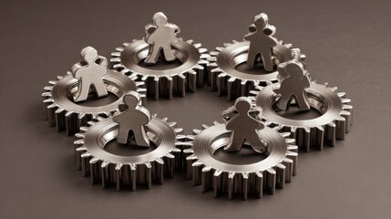 Industrial design of teamwork and synergy with interlocking gear mechanisms on a neutral backdrop.