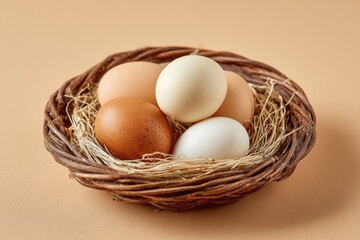Eggs nestled in a woven basket