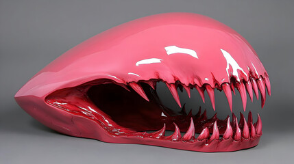 Intriguing pink glossy skull sculpture with sharp teeth offers a bold statement for modern art collectors and edgy interior designs