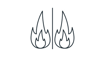 Symmetrical line art icon of two stylized flames separated by a central vertical line.
