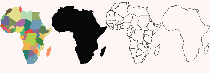 Africa Map Vector Set – Colored, Black Silhouette and Outline Continent Illustration

