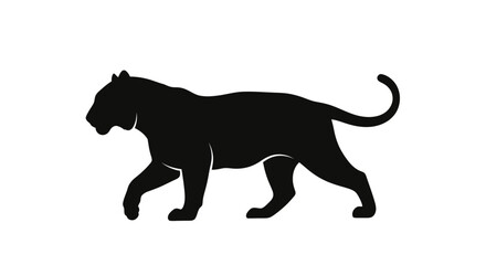 Silhouette of a powerful black panther walking with its tail curled.