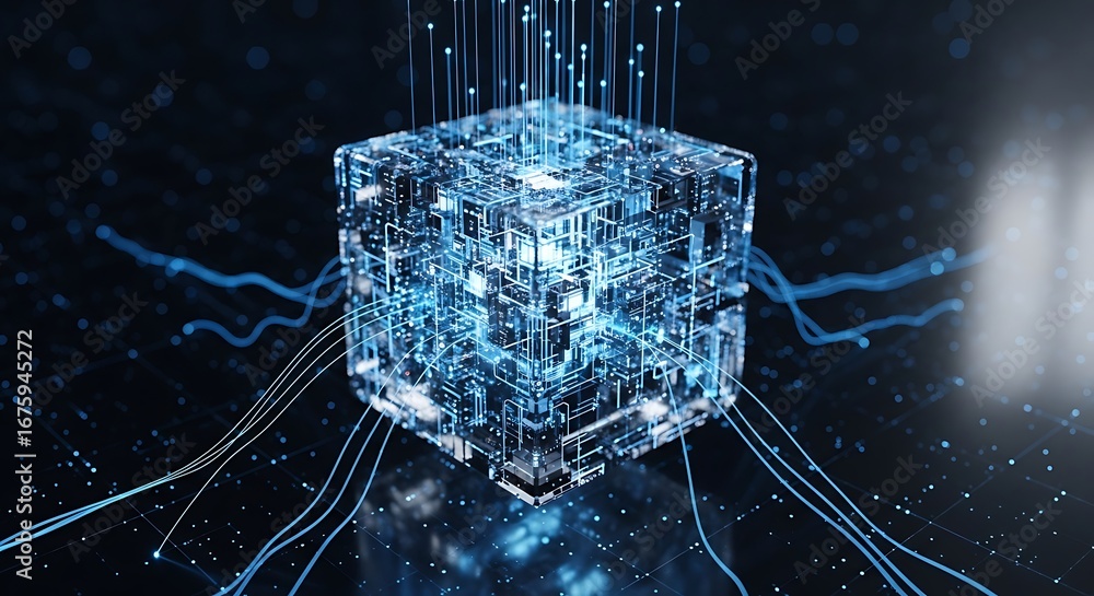 Poster abstract glowing blue cube made of digital circuits and light streams, tote bag mockup, canvas tote 