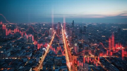 Urban Financial Downturn: Red Stock Market Graph Overlaying Cityscape at Dusk, Indicating Economic Recession - Powered by Adobe