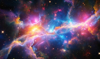 Fototapeta premium Vibrant cosmic nebula ablaze with stunning starlight, showcasing breathtaking interstellar clouds in a dazzling celestial panorama, perfect for science and fantasy projects.