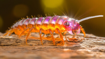 Iridescent centipede crawling on bark in macro photography is captivating and perfect for nature studies and educational materials