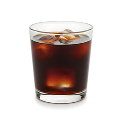 A refreshing cold brew coffee with ice cubes in a clear glass, perfect for a warm day, served in a studio shot on a white background