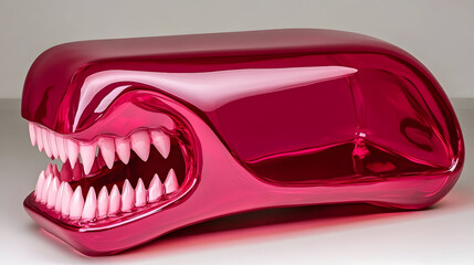 Intriguing pink sculpture with toothy grin offers a bold statement for modern art collections or cutting edge design projects