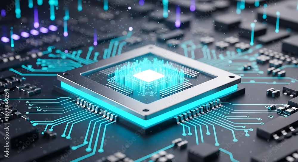 Poster closeup of a glowing blue cpu chip on a circuit board with digital connections, tote bag mockup, can