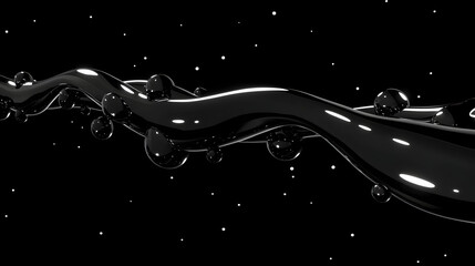 Sleek black fluid dynamically flowing through space with striking reflections and contrasting white particles for a modern aesthetic