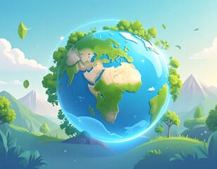 Naklejka premium Flat vector animation of Earth protected by a glowing ozone layer, symbolizing clean air and environmental conservation. Perfect for eco-friendly projects
