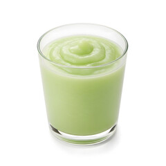 A single glass of creamy green detox smoothie made from fresh fruit and vegetables. Healthy lifestyle beverage isolated on a simple white background