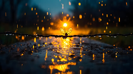 Enchanting firefly perched on dew-kissed wire, bathed in ethereal golden light during a gentle rain shower at twilight, creating magic