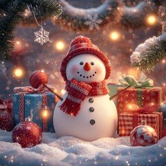 Festive Christmas Card with Snowman Gifts and Winter Decorations