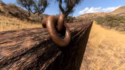 Rustic bronze chain resting on weathered wood in a sunny natural landscape, evoking strength and endurance in the tranquil outdoors