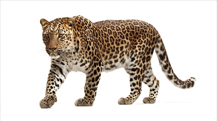 Photo of a leopard walking isolated on a white background with a clipping path Fullbody portrait