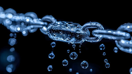 Stunning macro shot of a glistening chain under water with floating bubbles against black background showcasing strength and connection