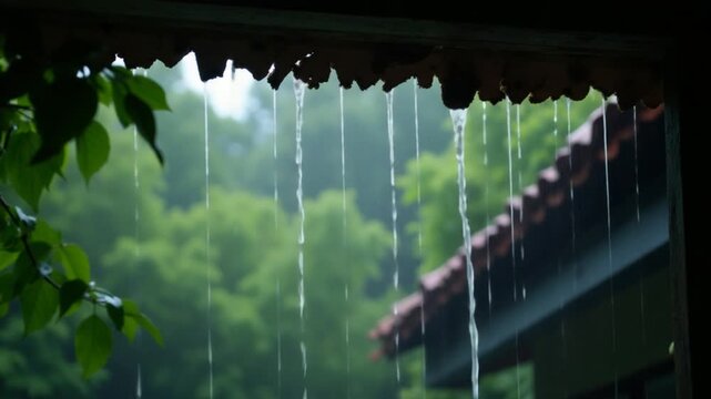 Heavy rain falling through broken roof with green leaves in background showing real nature and wet weather