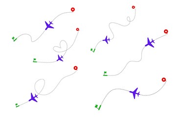 Set of Air plane map pointer icons fron one point to another dotted line, icon of map pointer, location point from place to another ,  map pointer, 